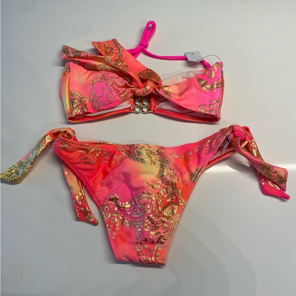 Pink and Orange Bandeau Bikini Tie Top and Bottom medium and large NWT - Picture 3 of 10